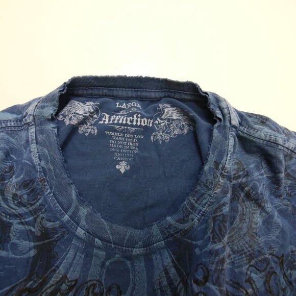 Affliction T-Shirt Large Blue Fleur De Lis READ Distressed Tiny Holes Y2K - Picture 6 of 15